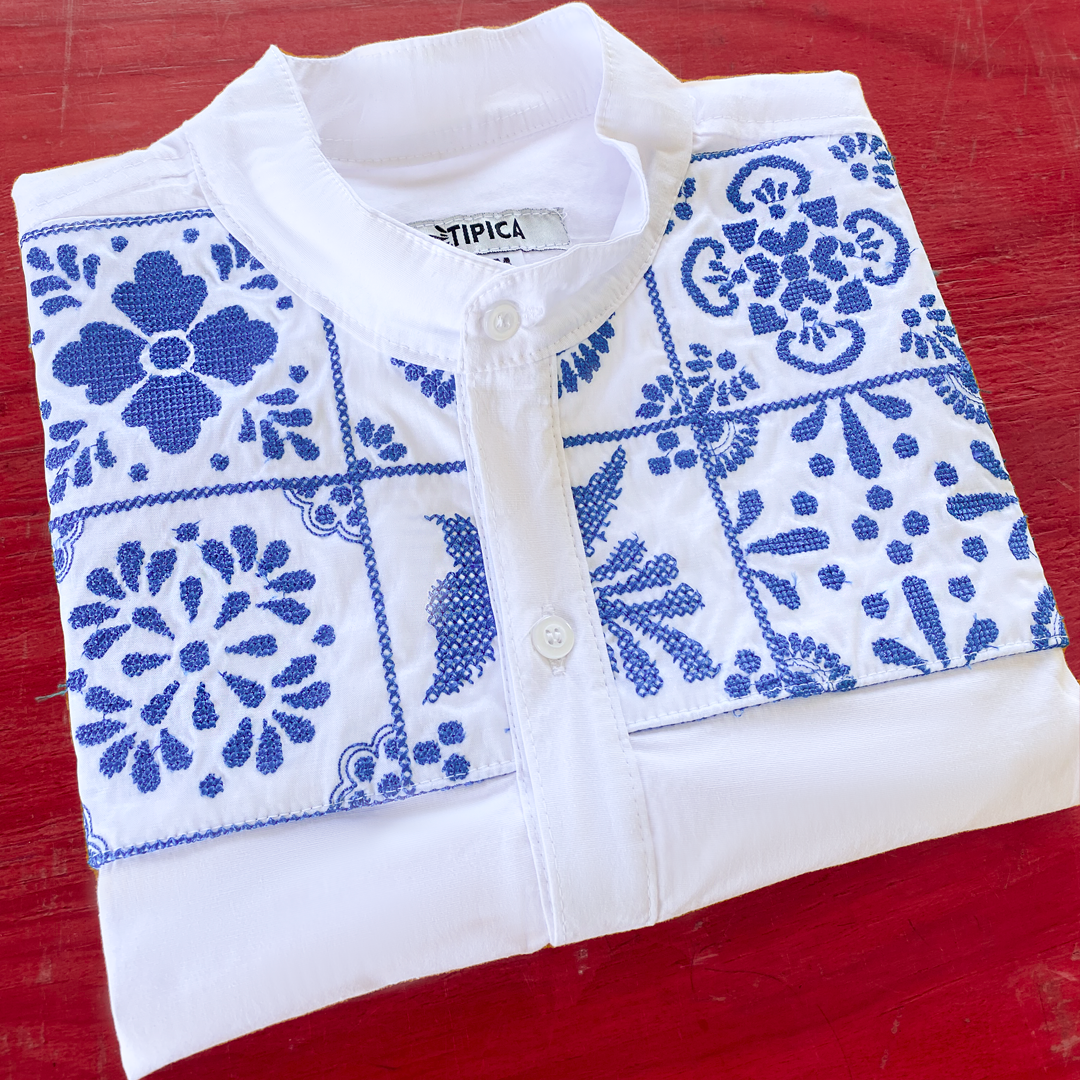 Talavera Poblana Manga Larga -Camisa de caballero  con bordado mexicano